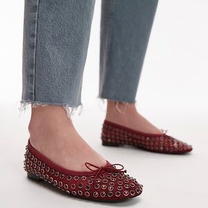 Studded Rhinestone Mesh Ballerina Flats Dark Red by MANGO